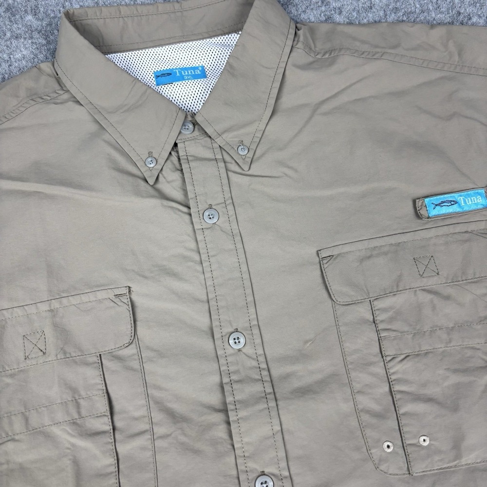 Tuna Fishing Shirt Mens 3XL Tan Button Down Vented Pockets Outdoors Utility Fish